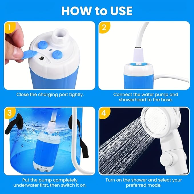 Portable Camping Shower Pump - Electric Outdoor Shower w/ 78 Inch Hose, Rechargeable & Waterproof for Beach, Hiking, RV | Ducha Portatil