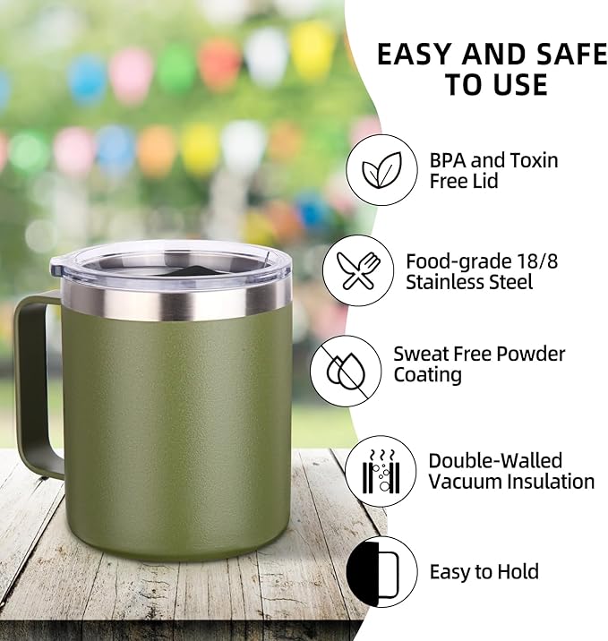 Volhoply 14oz Insulated Stainless Steel Coffee Mug with Leakproof Lid,Double Wall Vacuum Travel Coffee Cup with Handle,Reusable Cups Tumbler,Camping Mugs Keep Hot,Ideal Gifts(Army Green,1)
