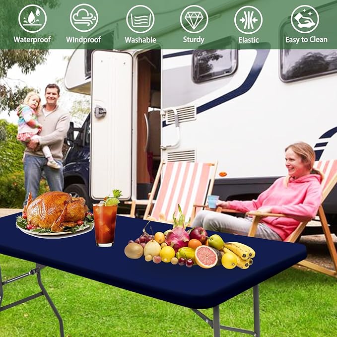 6 Pack Picnic Table Cover Fitted Elastic Tablecloth for 6 Foot Rectangle Tables Waterproof Stretch Washable Folding Indoor and Outdoor Spandex Table Cloth for Parties Camping (Navy Blue,30" x 72")