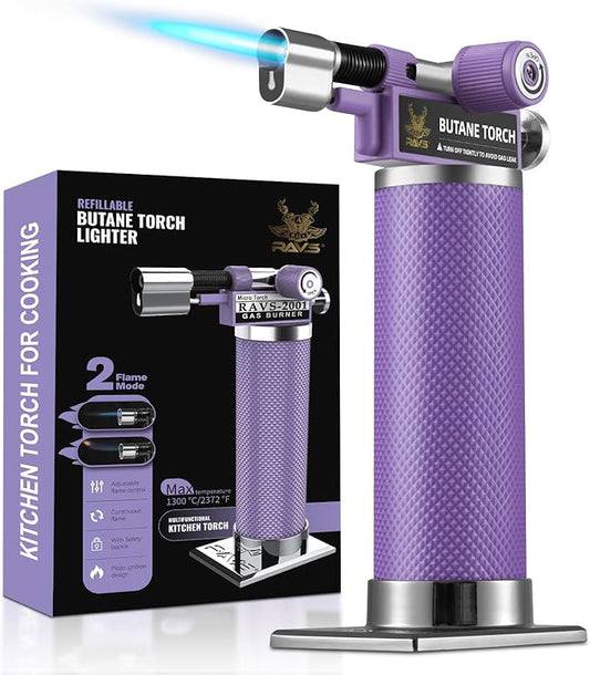 RAVS Butane Torch, 2 Flame Mode Soldering Torches, Kitchen Torch with Adjustable Flame, Industrial Soldering Torches for DIY, Brazing, Welding, Resin Art, Purple Mini Torch, Butane not Include