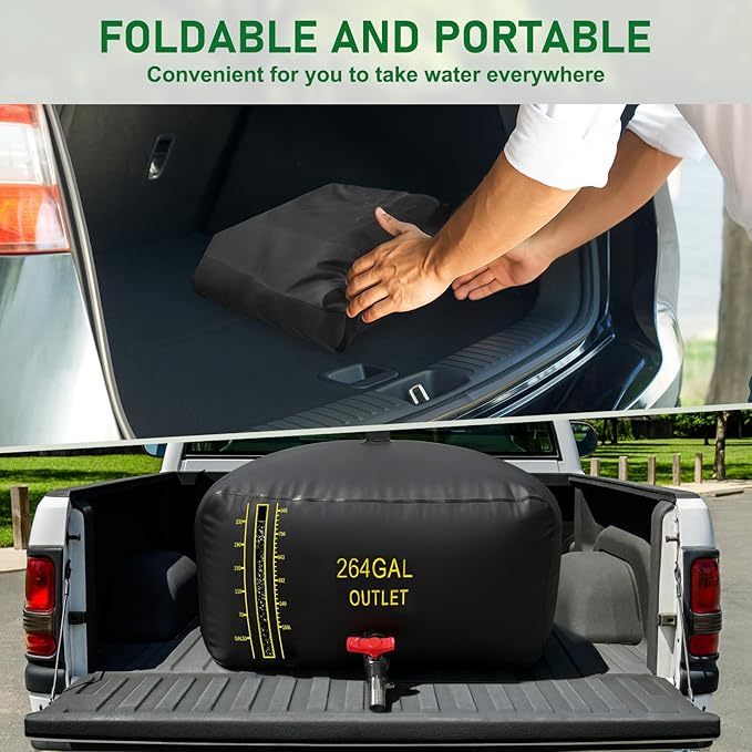 1000L/264Gal Water Bladder with Water Level Indicator, PVC Foldable and Portable Water Tank with 3 Connectors and Overflow Kit, Ideal for RV, Camping, Rainwater Collecting,Planting Watering