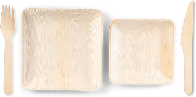 Luxe Designs Palm Leaf Plates - Eco-Friendly Alternative to Bamboo & Plastic - Heavy-Duty Compostable & Biodegradable Party Plates - Microwave & Oven Safe Dinnerware - 50 10"x25 & 8"x25 with Utensils