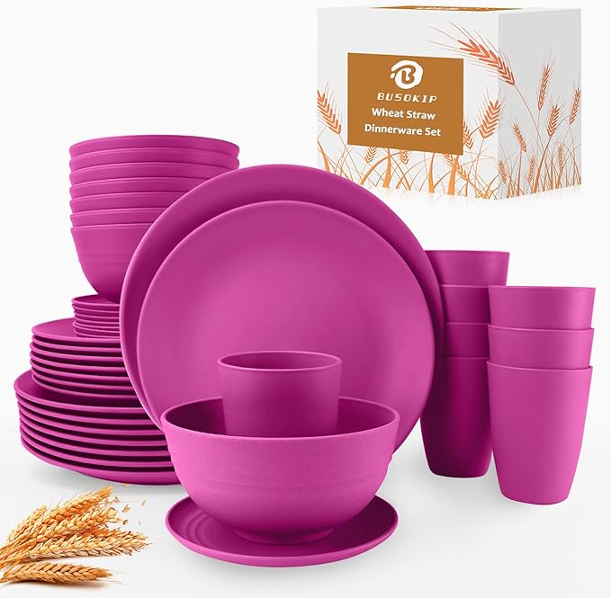 40 Pieces Wheat Straw Dinnerware Sets Service for 8, Plates and Bowls Sets, Dinner Plates, Cereal Bowls and Drinking Cups, Unbreakable and Reusable Plastic Dinnerware Sets (Pink)