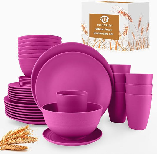 40 Pieces Wheat Straw Dinnerware Sets Service for 8, Plates and Bowls Sets, Dinner Plates, Cereal Bowls and Drinking Cups, Unbreakable and Reusable Plastic Dinnerware Sets (Pink)