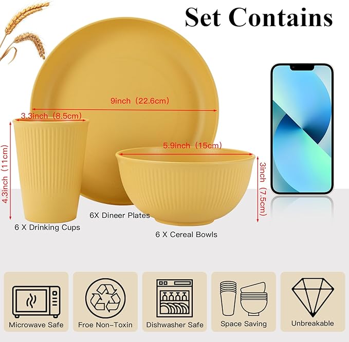 18PCS Wheat Straw Dinnerware Sets Unbreakable Dinnerware Sets Reusable Cups Plates and Bowls Sets Microwave for Kitchen Travel Camping