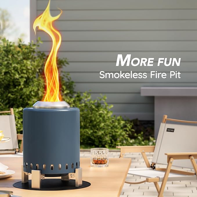 Mini Smokeless Tabletop Fire Pit with Pan Stand, Portable Stainless Steel Firepit Stove for Camping, Burns Pellets or Wood, Includes Travel Bag, Blue