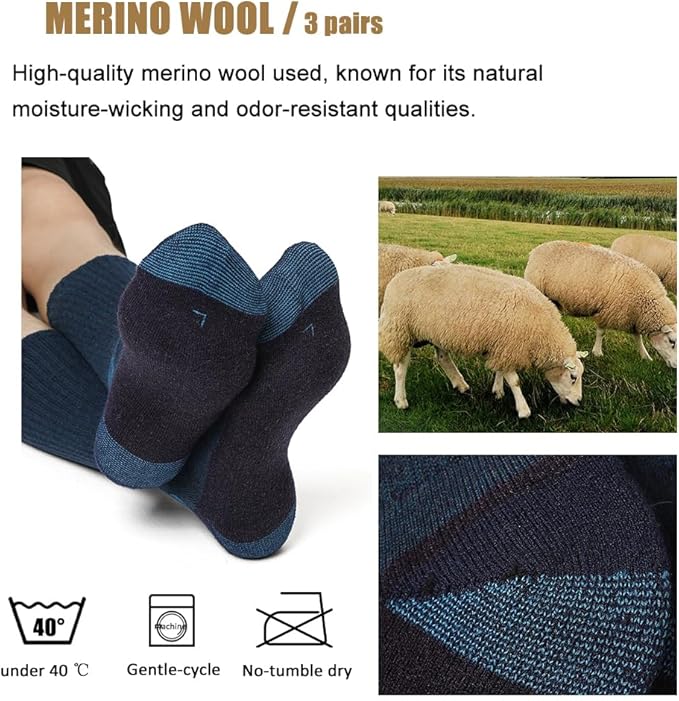 WANDER Merino Wool Socks Men 3 Pairs Cushioned Calf Boot Socks Moisturing Wicking Everyday Thermal Crew Socks