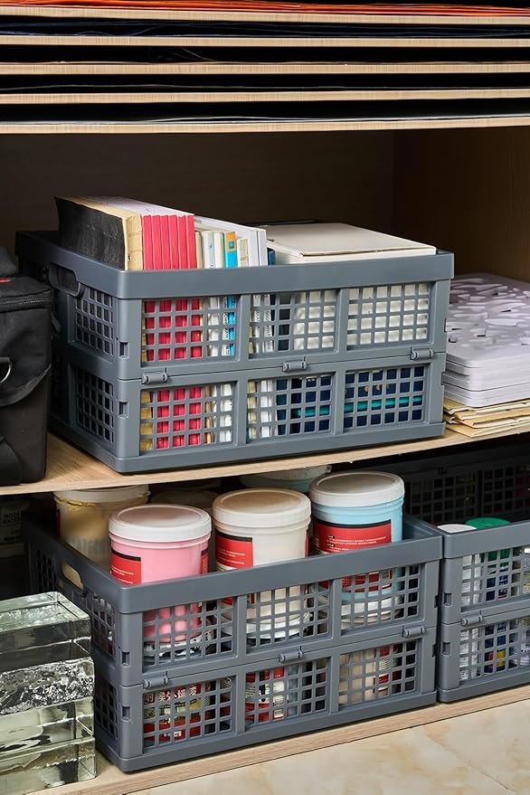 3-Pack Plastic Collapsible Storage Crates-30L,Foldable Plastic Crates for Storage (Gray)