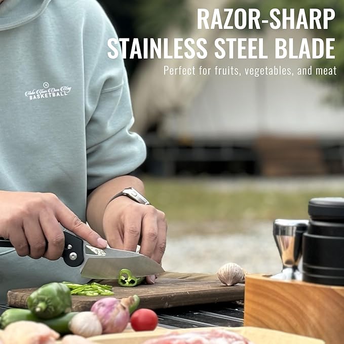 Pocket Folding Camping Knife, Stainless Steel Ultra Sharp Chef Knife with Ergonomic Handle for Cooking, Camping Trip, Outdoor Portable Kitchen