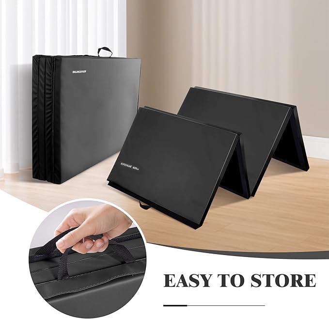 Folding Exercise Gymnastics Mat, 4'x8'x2" Gym Workout Mat with Carrying Handles 4-Fold High-Density Anti-Tear Portable Fitness Aerobics Mat for Home Gym Yoga Pilates Tumbling MMA Core Training