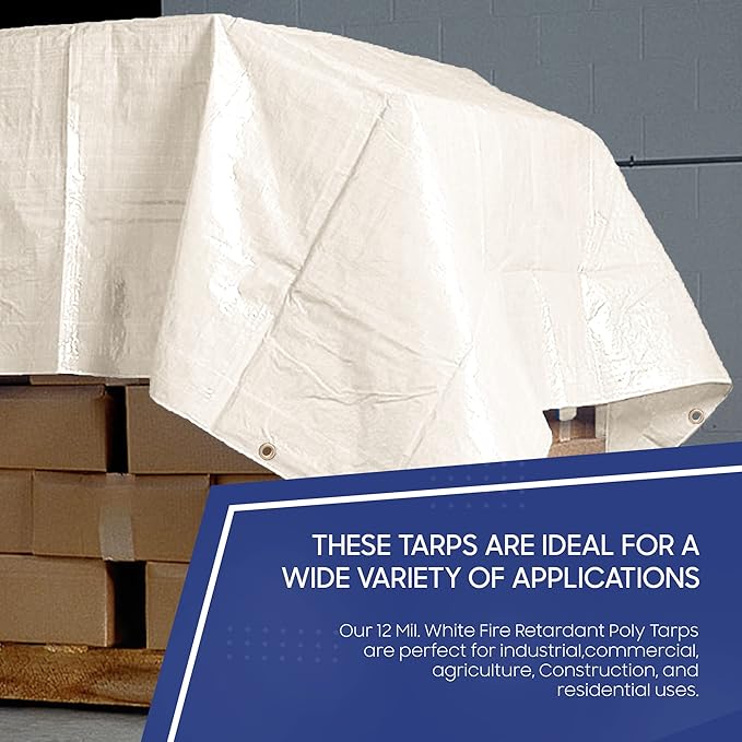 Tarps Now Fire Retardant Plastic Tarp (Poly Tarp) 20x20 ft - 12 MIL Heavy Duty Waterproof Cover | Rip & Tear Resistant with Rustproof Grommets & Reinforced Edges |Ideal for Camping, Outdoor Use -White