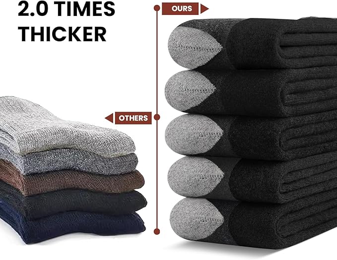 BESTENA Merino Wool Hiking Socks for Men 5 Pairs Thermal Warm Winter Thick Cushion Moisture Wicking Crew Boot Socks