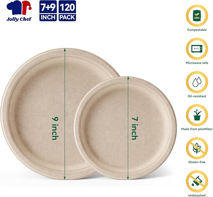 JOLLY CHEF Compostable Heavy Duty Plates 𝟳 𝗶𝗻𝗰𝗵 𝗮𝗻𝗱 𝟵 𝗶𝗻𝗰𝗵 [𝟭𝟮𝟬 𝗣𝗮𝗰𝗸] Eco-Friendly Disposable Paper Plates Bagasse Biodegradable Sugarcane Fibers Round Bulk for Party Dinner(Brown)