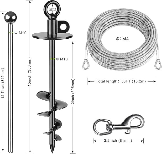 Dog Tie Out Cable and Stake, 50ft Chew Proof Stainless Steel Cable, 15" Heavy Duty Dog Anchor for Dogs Up to 125lbs, No Tangle, Dog Runner for Yard and Camping