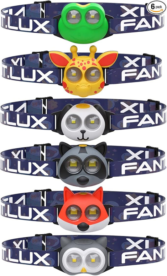 Headlamp for Kids, Battery Powered LED Headlamps, Owl Frog Giraff Dog Fox Raccoon Theme Gift for Children's Day, Birthday, Toddlers - 6 PCS