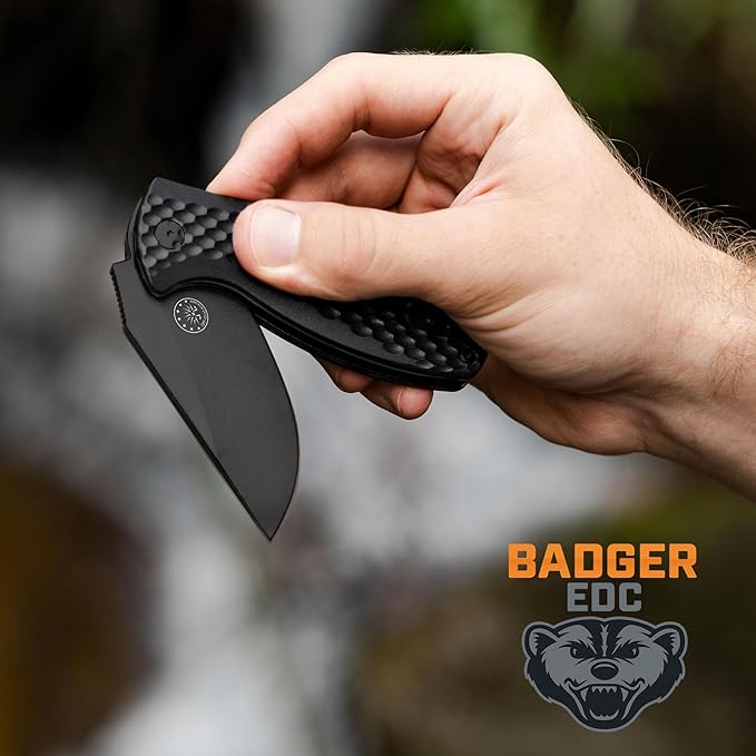 Off-Grid Knives - Badger EDC Folding Knife with Sandvik 14C28N Blade, Ball Bearing Pivot, G10 Scales, Grid-Lock, Ambidextrous Deep Carry Clip (Blackwash)