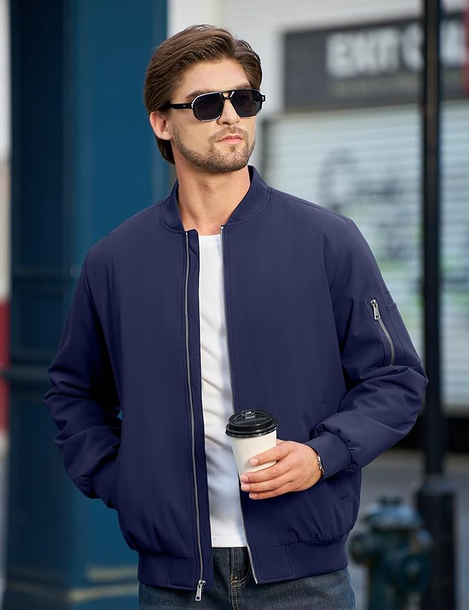 Cotrasen Mens Bomber Jacket Fall Winter Warm Windbreaker Casual Full Zip Padded Coats with Pockets