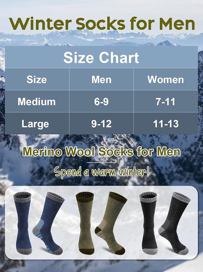Senker Fashion Merino Wool Hiking Socks for Men, Warm Crew Socks W/Cushion Moisture Wicking for Trekking Work Outdoor