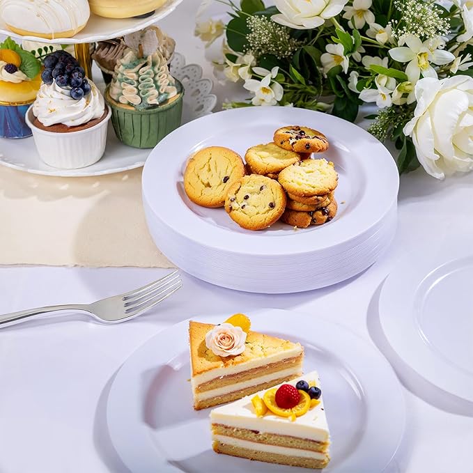 WELLIFE 100 Pieces White Plastic Dessert Plates with 100pcs Silver Disposable Forks, Premium Hard Salad Plate 7.5”, Appetizer Plastic Plates for Wedding, Party