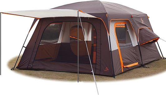 KTT Extra Large Tent 6-10-12-14 Person(A),Family Cabin Tents,2 Rooms,3 Doors and 3 Windows with Mesh,Straight Wall,Waterproof,Double Layer,Big Tent for Outdoor,Picnic,Camping,Family Gathering