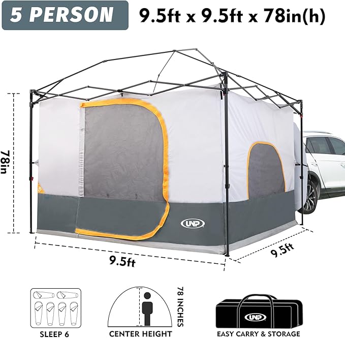 UNP Inner Cube Tent for Camping - Connect 10'x10' Canopy to Car Tailgate Into Tent for Family Camping, Vented Roof - Grey (Canopy Pole/Shelter NOT Included)