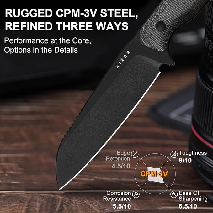 Kizer Begleiter Fix Fixed Blade Knife, 3.75" Sheepsfoot 3V Blade Hunting Knives with Kydex Sheath, Black Micarta Handle EDC Knife for Camping Hunting Survival 1045MS1