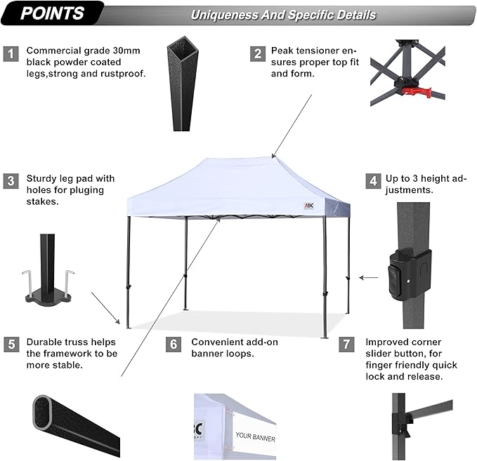 ABCCANOPY Patio Pop Up Canopy Tent 10x15 Commercial-Series (White)