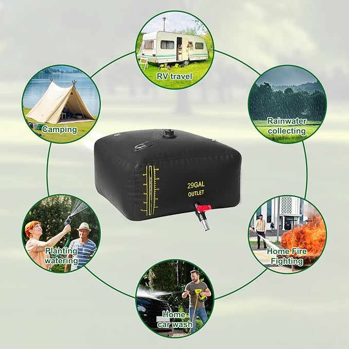 110L/29 Gal Water Bladder with Water Level Indicator, PVC Foldable and Portable Water Tank with 3 Connectors and Overflow Kit, Ideal for RV, Camping, Rainwater Collecting,Planting Watering
