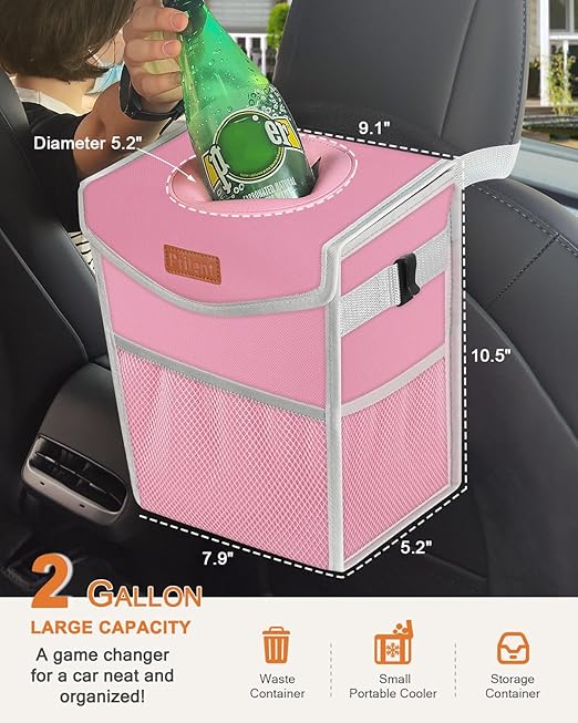 Car Trash Can with Lid, Cute Leakproof Car Trash Garbage Bag Hanging Vehicle Trash Bin Small Portable Automotive Garbage Cans Organizer for Back/Front Seat(Trapezoid,Pink