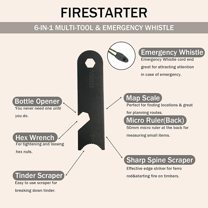 Fire Starter Ferro Rod, 4 Inch Flint and Steel Survival Kit, Flint Fire Starter for Camping and Hiking, 6-in-1 Emergency Survival Fire Steel
