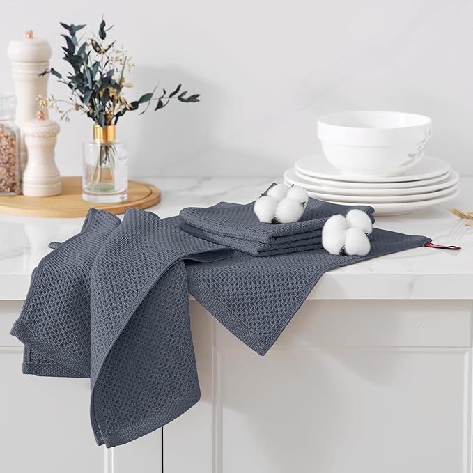 Kitinjoy 100% Cotton Kitchen Towels and Dishcloths Set, 10 Pack-13" x 28" and 12" x 12" Waffle Weave Dish Towels, Ultra Soft Absorbent Quick Drying Dish Rags, Dark Grey