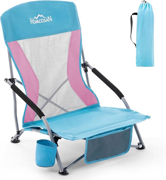 Homcosan Portable Low Folding Beach Chair - Lightweight Camping Chair for Adults with Cup Holder & Storage Pocket, Carry Bag Included (Blue & Pink)