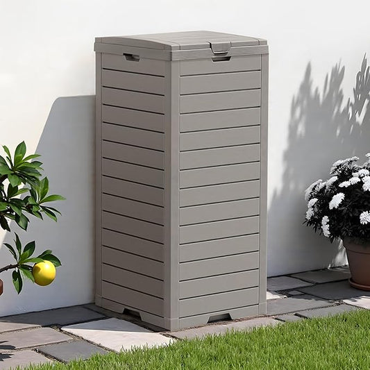38 Gallon Outdoor Trash Can Waterproof Resin Garbage Can with Tiered Lid & Drip Tray Indoor and Outdoor Use Trash Bin for Patio Kitchen, Backyard & Deck, Gray