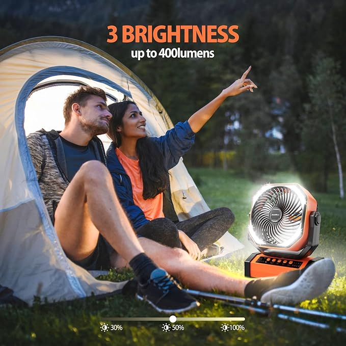 20000mAh Rechargeable Camping Fan - Battery Operated Fan with Light & Remote, Auto Oscillating, 4 Timer, 60 Hrs Work Cordless Tent Fan for Travel Outdoor RV Garage Power Outage Emergency
