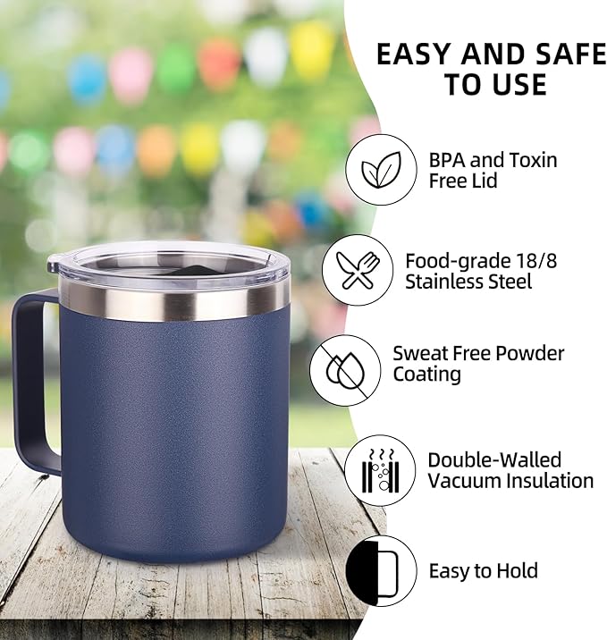 Volhoply 14oz Insulated Stainless Steel Coffee Mug with Lid Bulk 2 Pack,Double Wall Vacuum Travel Coffee Cup with Handle,Reusable Metal Cups Tumbler,Camping Mugs Keep Hot,Ideal Gifts(Navy,2)