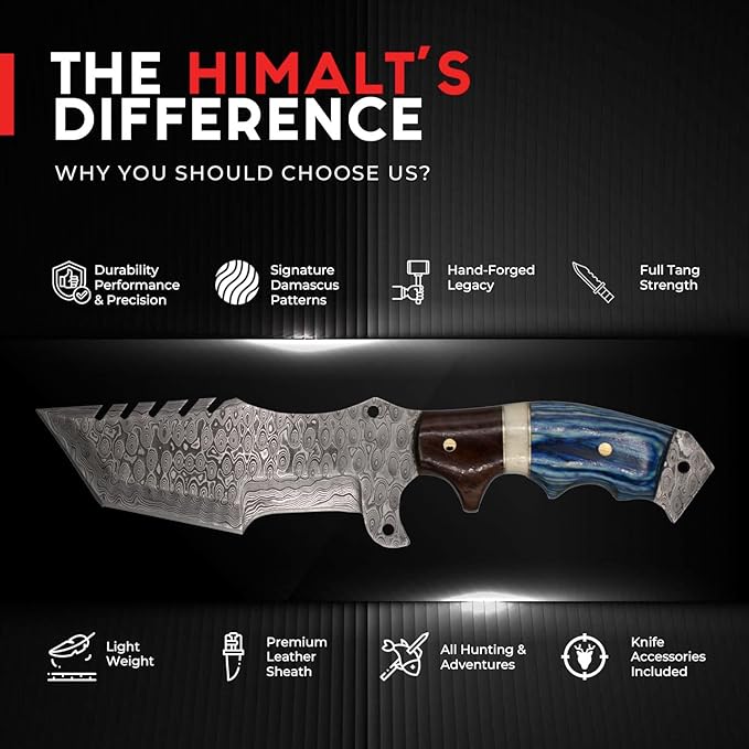 10.5” Damascus knife-Fixed Blade Hunting Knife with Sheath-Bushcraft knife-Survival Knife-Camping knife- Ideal For EDC, skinning, Camping, Outdoor-Best Hunting Knives For Men.Red wood, Camel Bone & Pakka Blue Handle