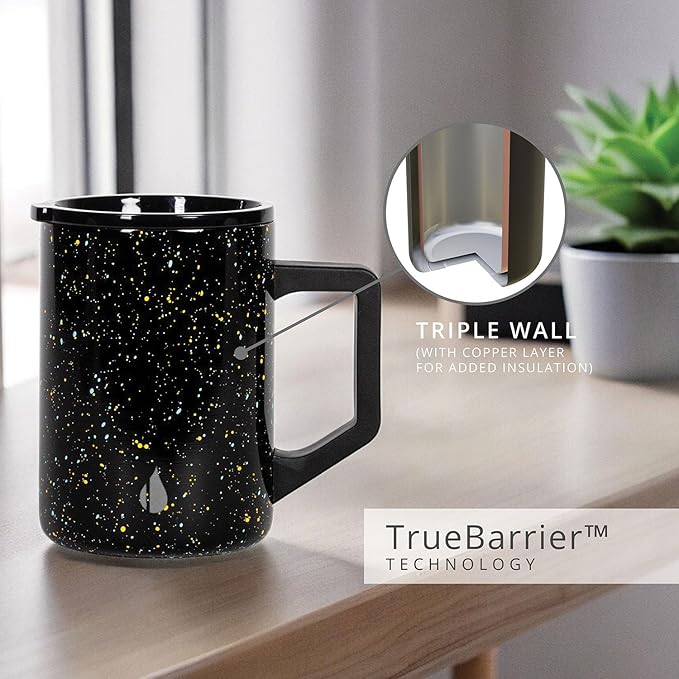 Elemental Insulated Coffee Mug - Triple-Wall Stainless Steel Summit Travel Cup for Hot and Cold Drinks - Thermal Coffee Mug with Lid and Handle for Camping, Office & Travel 16oz - Black Speckle