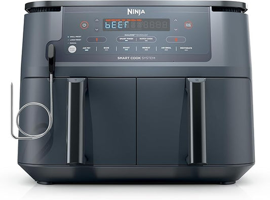 Ninja Foodi Air Fryer w/Smart Cook Thermometer | 6-in-1 Air Fry, Roast, Bake, Dehydrate & More | DualZone™ Match Cook & Smart Finish, 2 Independent Baskets | XL 10 Qt, Stainless Steel | Grey,DZ550GY