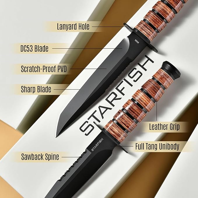 STARFISH Full Tang Fixed Blade Knife, 7.0” DC53 Steel Blade with Black Titanium Coating Hunting Knife with Sheath, Ergonomic Leather Handle Bushcraft Bowie Knives for Camping, Hiking