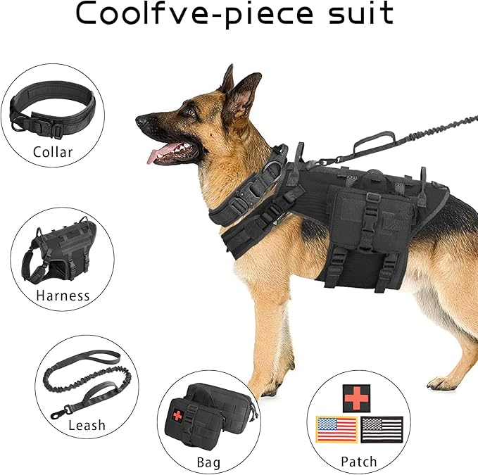 Tactical Dog Vest Harness and Training Dog Collar with Bungee Dog Leash Set No Pull Military Dog Harness with 2 Detachable and 1 Water Bottle Pouches for Outdoor Training Service, Black L