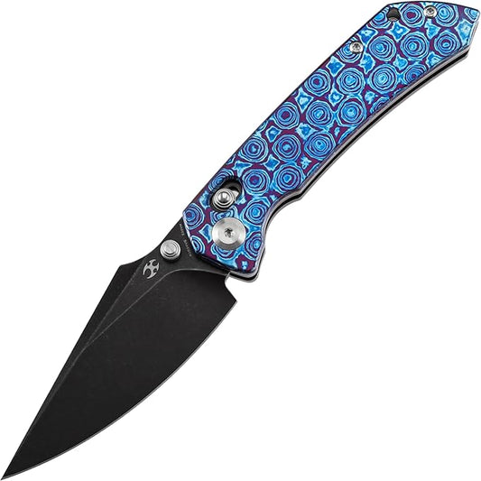 KANSEPT Fenrir Pocket Knife, 3.48'' Black Stonewashed CPM S35VN Harpoon Sharp Blade, Timascus Handle with Crossbar Lock, Thumb Stud Pocket Clip for Edc, Camping Survival Hiking Folding Knives K1034V6