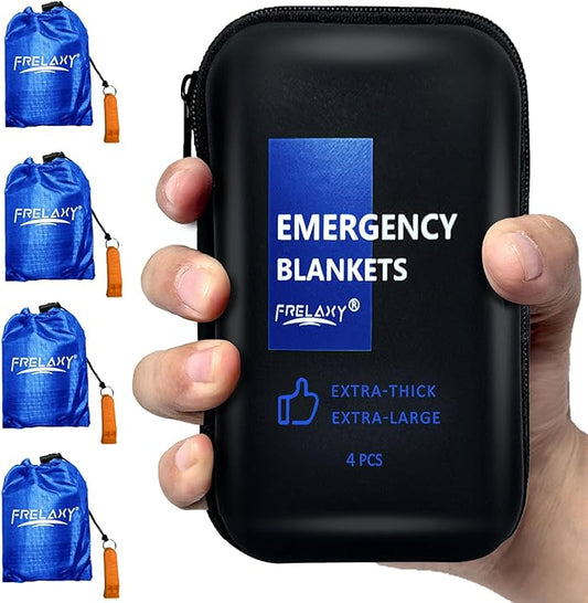 Frelaxy Emergency Blanket 2-Pack/4-Pack, Extra-Thick Extra-Large Space Blankets with Whistles, Storage Pouchs, and EVA case
