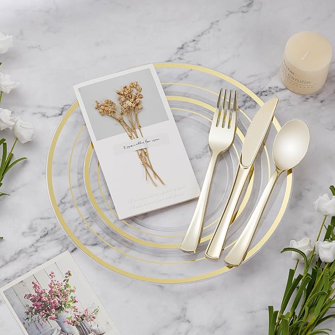 300PCS Plastic Dinnerware Set (50 Guests), Clear Gold Disposable Plates for Party, Wedding, Christmas, Anniversary, Includes: Dinner Plates, Dessert Plates, Cups, Spoons, Forks and Knives