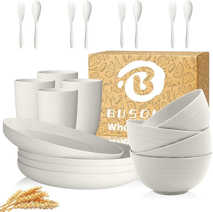 Wheat Straw Dinnerware Sets | Microwave and Dishwasher Safe Dishes Sets for 4 | Unbreakable Kids Plates and Bowls Set, Plastic Plates Reusable, Camping Dishes for Kitchen, PV, Dinner (White)