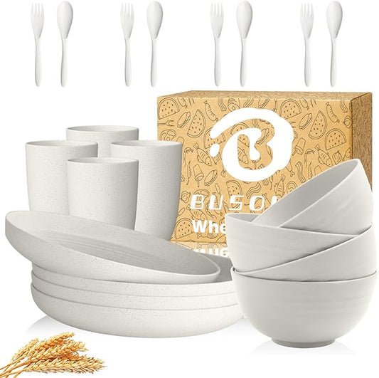 Wheat Straw Dinnerware Sets | Microwave and Dishwasher Safe Dishes Sets for 4 | Unbreakable Kids Plates and Bowls Set, Plastic Plates Reusable, Camping Dishes for Kitchen, PV, Dinner (White)