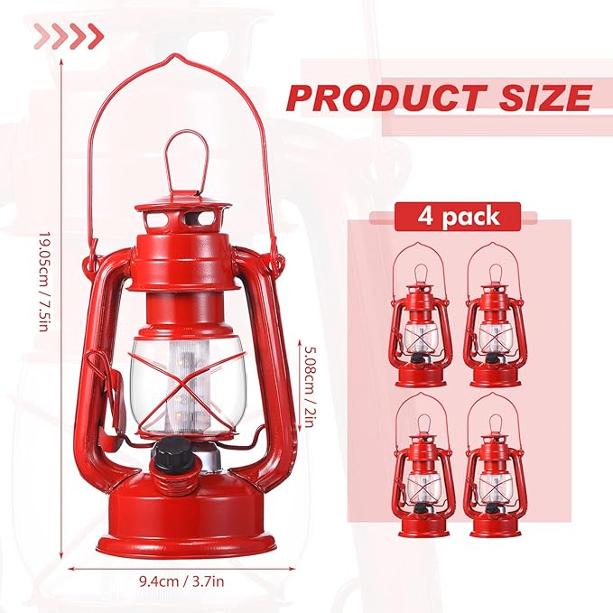 Hortsun 4 Pcs 8 Inch Vintage LED Hurricane Lantern Metal Red Outdoor Battery Operated Hanging Lantern with Warm LEDs and Dimmer Switch for Indoor Rustic Farmhouse Country Camping Decor