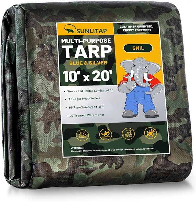 Camouflage Tarp 10x20Ft Waterproof Tarps with Grommets, Multipurpose Finished Size Tarps for Indoor and Outdoor Use, 5 MIL Light Duty Tarpaulin for Car, Camping, Boat, Roof, Protective Cover