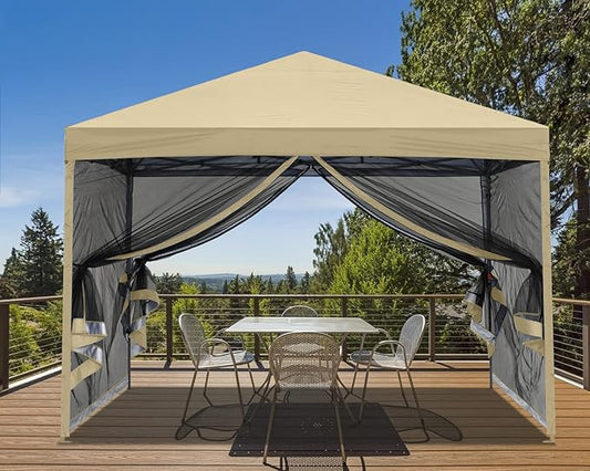 MASTERCANOPY Pop-Up Easy Setup Outdoor Canopy with Netting Screen Walls (8x8, Beige)