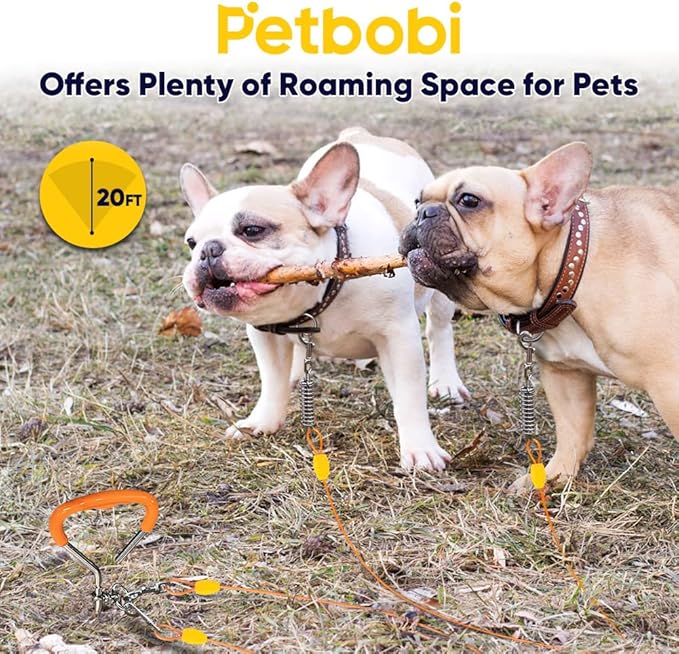 Petbobi Dog Tie-Out Cable and Stake - 20ft Heavy Duty Cable with Spring, No Tangle, 16in Ground Stake, Ideal for Yard, Camping and Beach, Suitable for Small Medium Large Dogs Up to 120 lbs, Orange