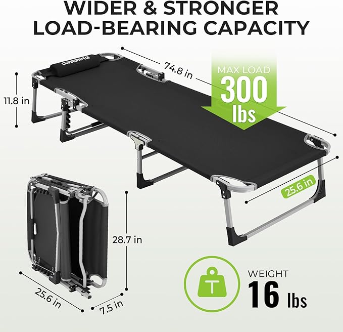 FUNDANGO Oversize Lounge Chair Outdoor, 300 lbs Large Camping Cots for Adults Heavy Duty Extra Wide Sturdy with Pillow for Outside Patio Beach Pool